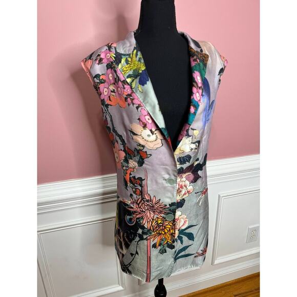 Rochas Floral Printed Blazer Vest Sz 44 Sleeveless Silk Peak Lapel Made in Italy - Picture 5 of 9
